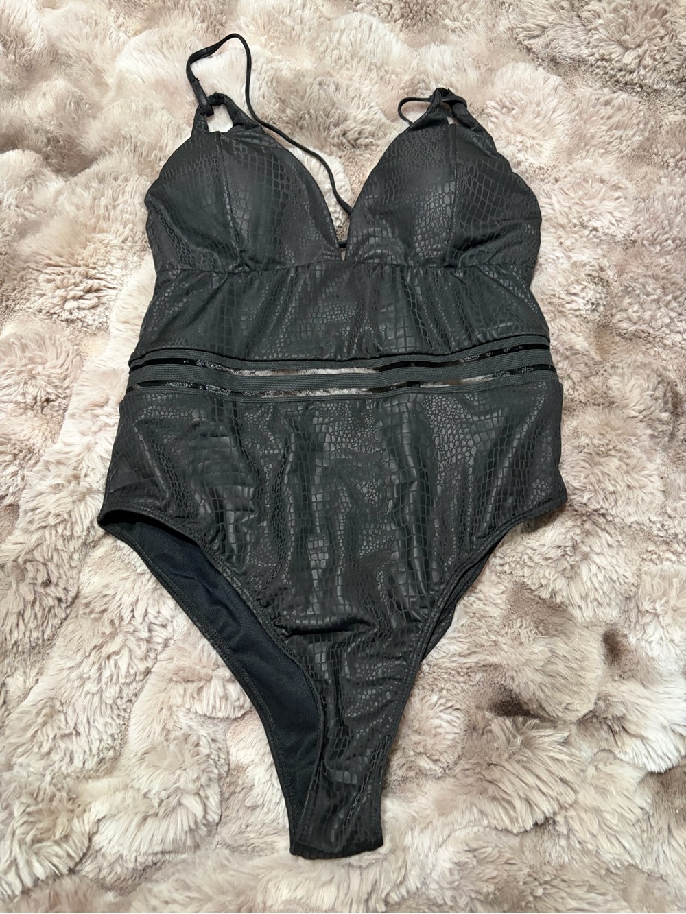 Textured Black One-Piece Swimsuit with Sheer Waist Detail
